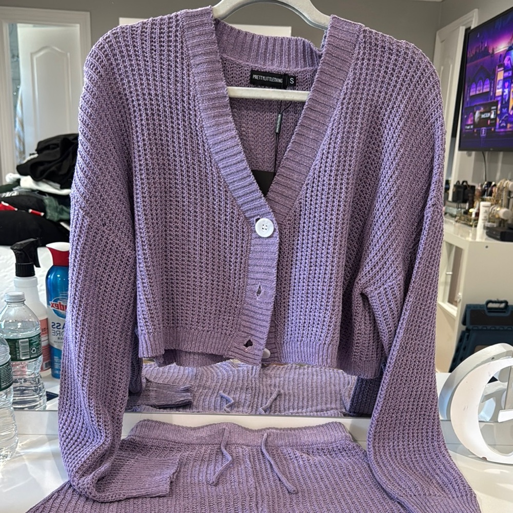 Petite Studio Lavender Cropped Knit Cardigan Sweater